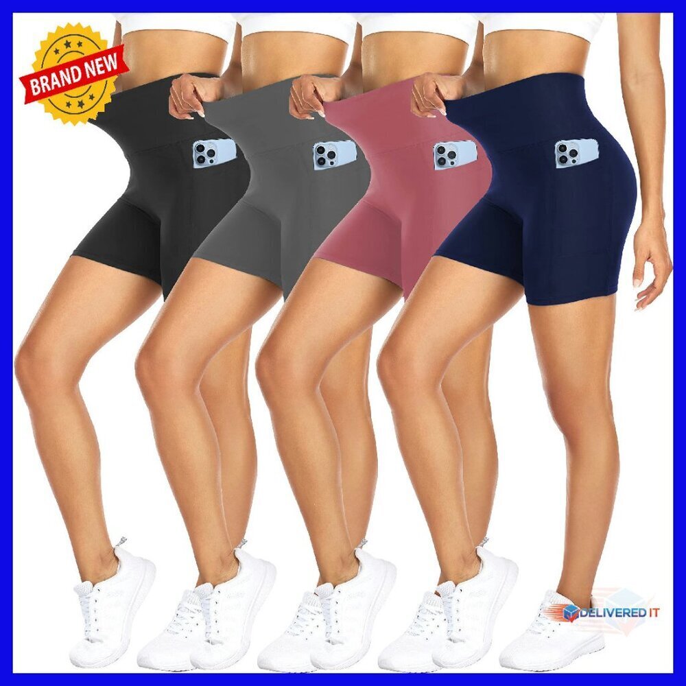 5" High Waist Tummy Control Biker Shorts with Pockets for Workouts - Picture 1 of 8